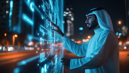 Fototapeta premium A man in traditional Arab clothing interacts with a futuristic digital interface in a city at night.