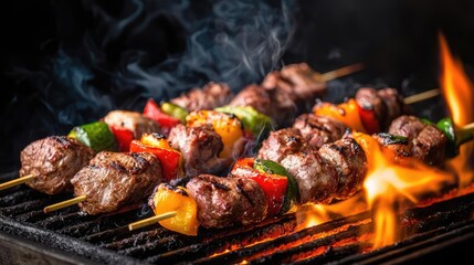Grilled meat skewers with vegetables, smoky background, delicious and vibrant.