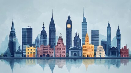 Obraz premium Watercolor english cityscape reflecting in water