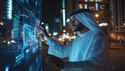 A man in traditional Middle Eastern clothing interacts with a digital display in a modern city at night.