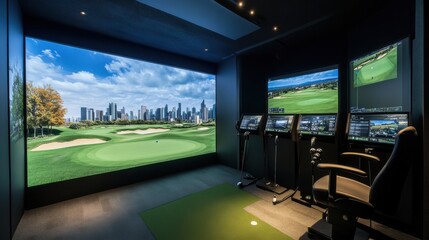 A cutting-edge golf simulator room with panoramic city views, Virtual fairways on advanced digital screens, Urban luxury style