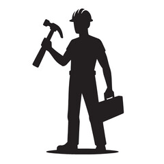 Silhouette of a construction worker holding a hammer and toolbox.