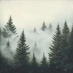 Landscape with fog-covered pine trees