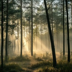 Obraz premium Landscape with foggy morning in forest