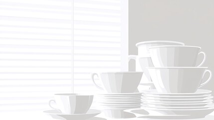 White coffee cups and saucers on a counter with window blinds in the background.