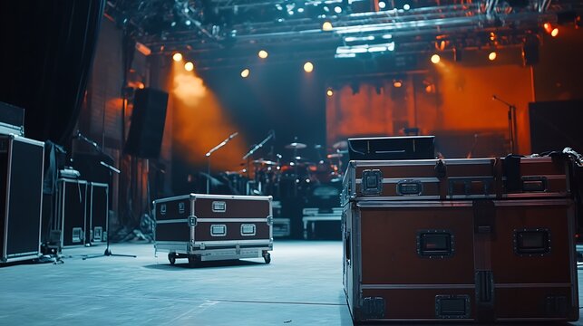 A pair of wheeled equipment cases sit on an empty stage with the blurred outlines of a drum set and microphones in the background. The stage is bathed in soft, warm light.