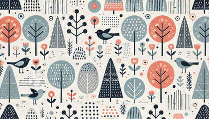 北欧風のシームレスパターン - 木、鳥、花の幾何学デザイン