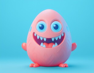 3D pink monster with a big toothy grin and large blue eyes