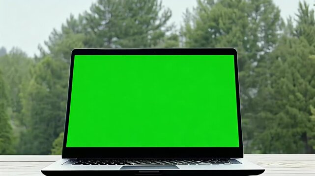 A zoomin shot captures laptop blank green screen surrounded swaying trees wind creating tranquil home interior office backdrop all presented 4K quality computer zoom slide window tree background