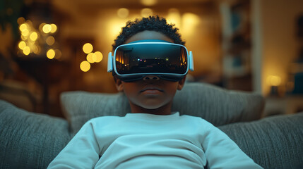 boy sits on couch wearing virtual reality goggles, immersed in digital world. cozy room is softly lit with warm lights, creating futuristic yet comfortable atmosphere