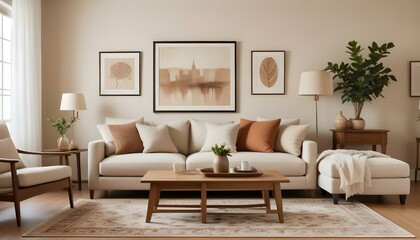 A cozy living room with a beige sofa, wooden coffee table, and a framed artwork on the wall.