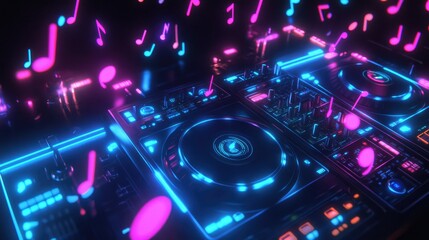 Neon DJ Setup with Digital Beats and Vibrant Lights