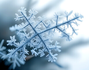 Obraz premium Intricate frost patterns delicately adorning a winter branch in soft, glowing light