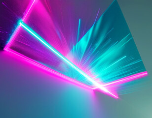 A vibrant burst of neon light beams creating an abstract art display on a wall