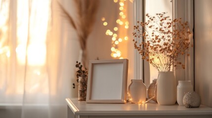 An empty scene featuring blank mockup template (custom photo frames with personal photos), creating an ideal product mockup space