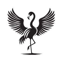Silhouette of a flamingo with wings spread, standing on one leg.