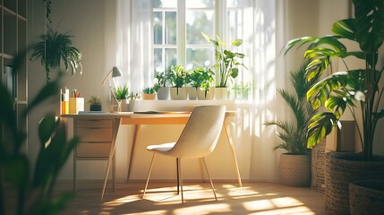 A bright and airy office setup with a light-colored desk, an accent chair, and lush indoor plants, all illuminated by sunlight