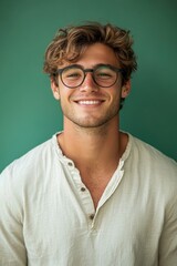 Obraz premium Confident young man with stylish glasses, smiling in casual attire on green background, Generative AI