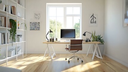 A bright home office setup with a spacious desk, a stylish chair, and an abundance of natural light flooding in, promoting creativity
