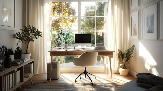 A bright home office setup with a spacious desk, a stylish chair, and an abundance of natural light flooding in, promoting creativity