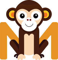 Obraz premium Adorable Monkey M: A charming illustration of a cartoon monkey sitting between the letter M, perfect for children's books, education, and branding. 