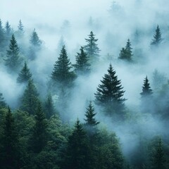 Landscape with misty morning forest
