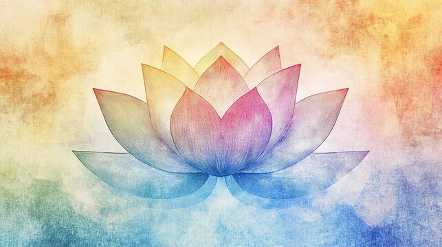 Delicate line-art illustration of a lotus flower illuminated by a vibrant spectrum of rainbow light,  creating an atmosphere of tranquility and spiritual awakening