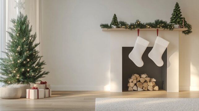 An empty scene featuring blank mockup template (customized Christmas stockings), creating an ideal product mockup space, 