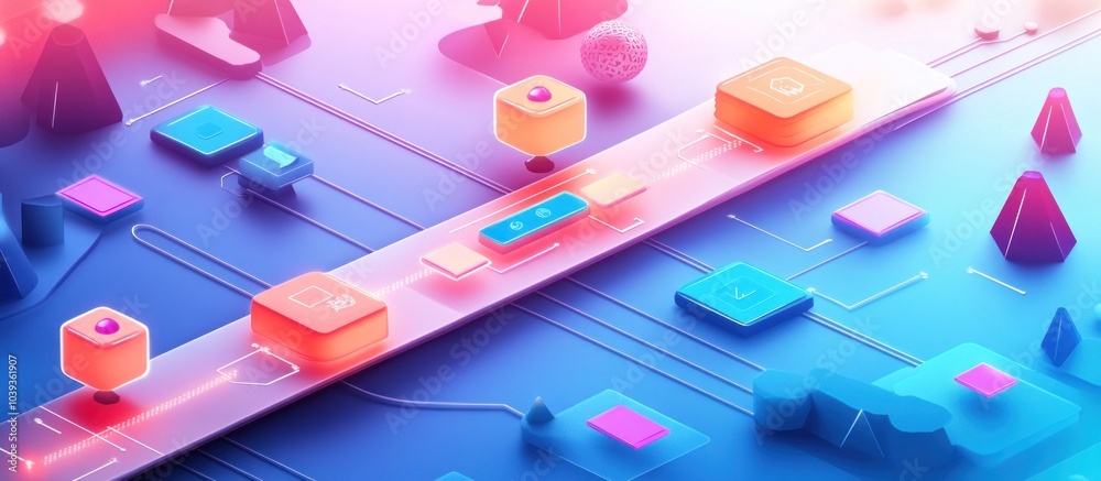 Wall mural abstract digital background with geometric shapes and neon lines connecting them.