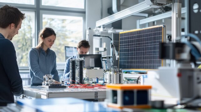 A dynamic engineering lab with researchers prototyping renewable energy systems using blocks, Blocks integrated into renewable energy prototypes, Sustainable technology style