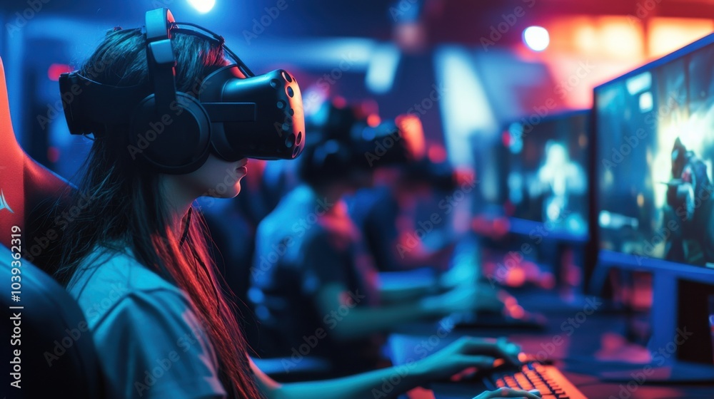 Poster A dynamic eSports arena with gamers competing in virtual reality games with blocks, Blocks integrated into VR gaming setups, eSports competition style
