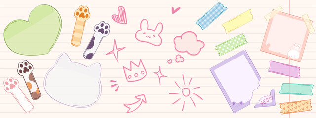 Note stickers with cute pink girly doodle elements for diary or bullet journal design. Vector planner or scrapbook frames and banners, animal paw bookmarks and tape pieces, hand drawn decor icons.