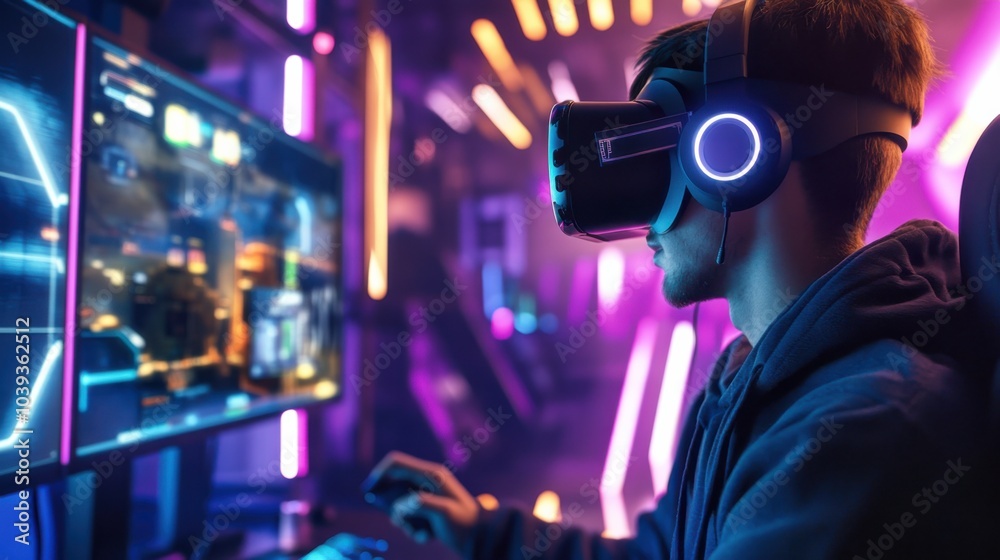 Aufkleber A dynamic eSports arena with gamers competing in virtual reality games with blocks, Blocks integrated into VR gaming setups, eSports competition style