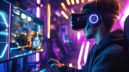 A dynamic eSports arena with gamers competing in virtual reality games with blocks, Blocks integrated into VR gaming setups, eSports competition style