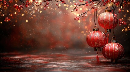 Fototapeta premium A tranquil scene featuring glowing red lanterns surrounded by delicate blossoms and shimmering lights, evoking a festive and warm atmosphere.