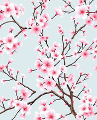 A beautiful pink flower with a blue background. The flower is surrounded by branches and leaves. The image has a serene and calming mood