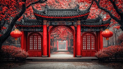 Fototapeta premium A serene pathway leads through red lanterns and vibrant autumn foliage, framed by ornate traditional architecture.