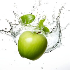 Green apple with water splashing isolated on white background