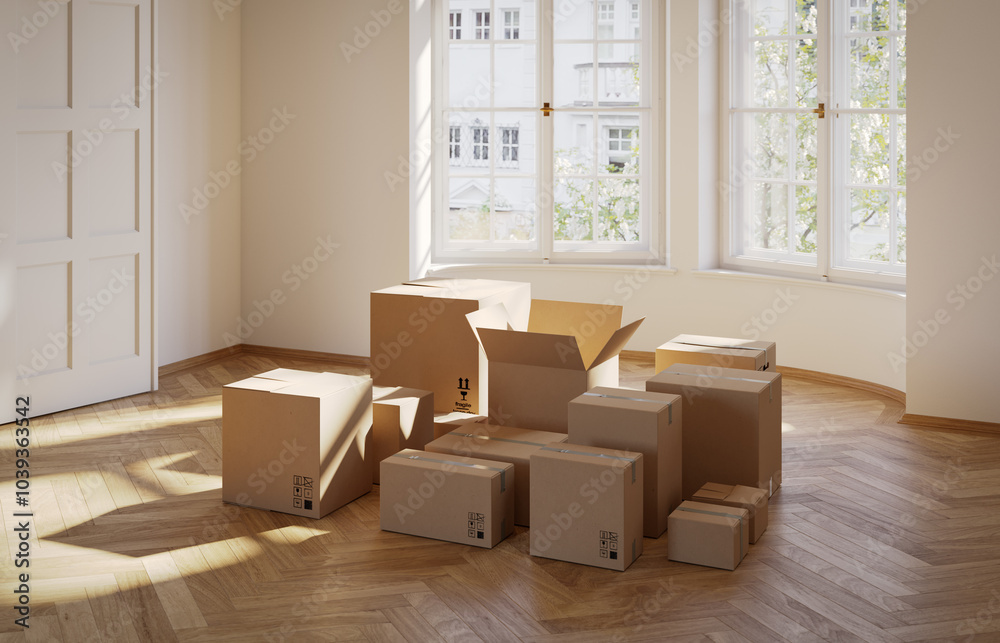 Wall mural cardboard boxes in an empty luxury apartment. modern interior. moving concept. 3d rendering.