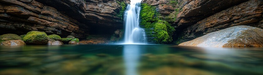 Obraz premium Stunning waterfall cascading into a tranquil pool surrounded by lush greenery.