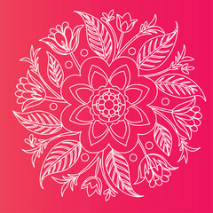mandala type floral vector, Floral Templates in Illustrator, Vector, Image - FREE Download, Floral composition with colorful flower Converted, white line art  floral vector in pink background.