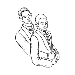 portrait of two men hugging in big and little spoon pose, gays, grooms, wedding, lovers - hand drawn line sketch