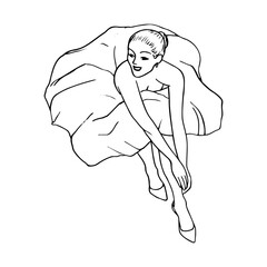 smiling woman in a dress with a fluffy hem sits with her arms outstretched and resting them on her legs, top view - hand drawn line sketch
