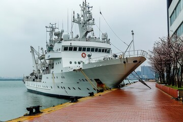 Naklejka premium The white ship docked at the port of Tainan City