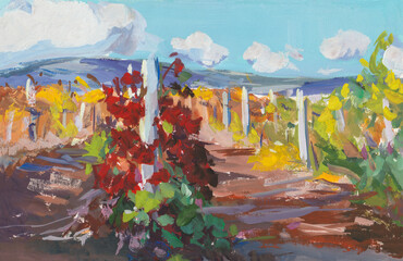 Vineyards landscape gouache painting. Yellow red orange vineyards in the valley. Modern impressionism painting. Illustration for books, galleries, albums of creativity. Colorful autumn landscape