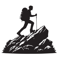 Silhouette of a hiker with backpack walking on a mountain.