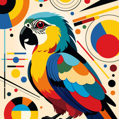Colorful parrot, cartoon illustration, vector cartoon illustration, abstractionism, abstractionism, flat style,  poster,  tropical nature design elements, jungle wildlife characters © Serge