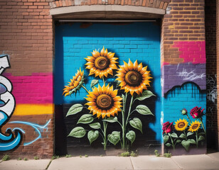 colorful flowers and graffiti in an urban environment