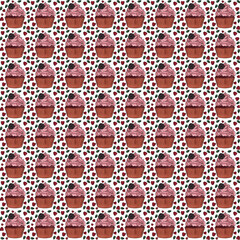 Pink berries Cupcake watercolor pattern illustration on transparent background