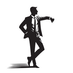 Obraz premium Silhouette of a man in a suit standing with his hand on his hip and looking at his watch.